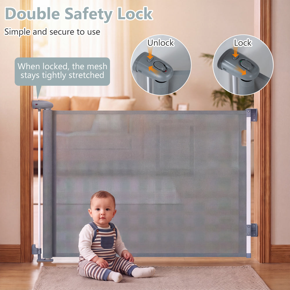 Retractable 71" baby and dog gate, 33.5" tall, features a double safety lock for secure hallway and doorway access.