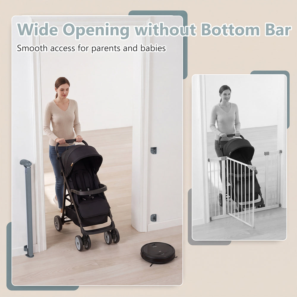Retractable baby and dog gate with a wide opening, 33.5" tall, designed for easy access in hallways and doorways.