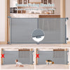 Retractable 71" baby and dog gate, 33.5" tall, features a bottom fixing bracket for secure installation and easy access.