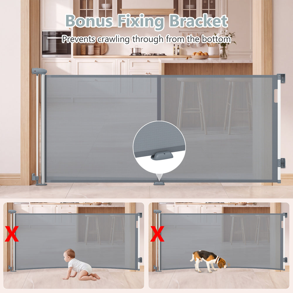 Retractable 71" baby and dog gate, 33.5" tall, features a bottom fixing bracket for secure installation and easy access.