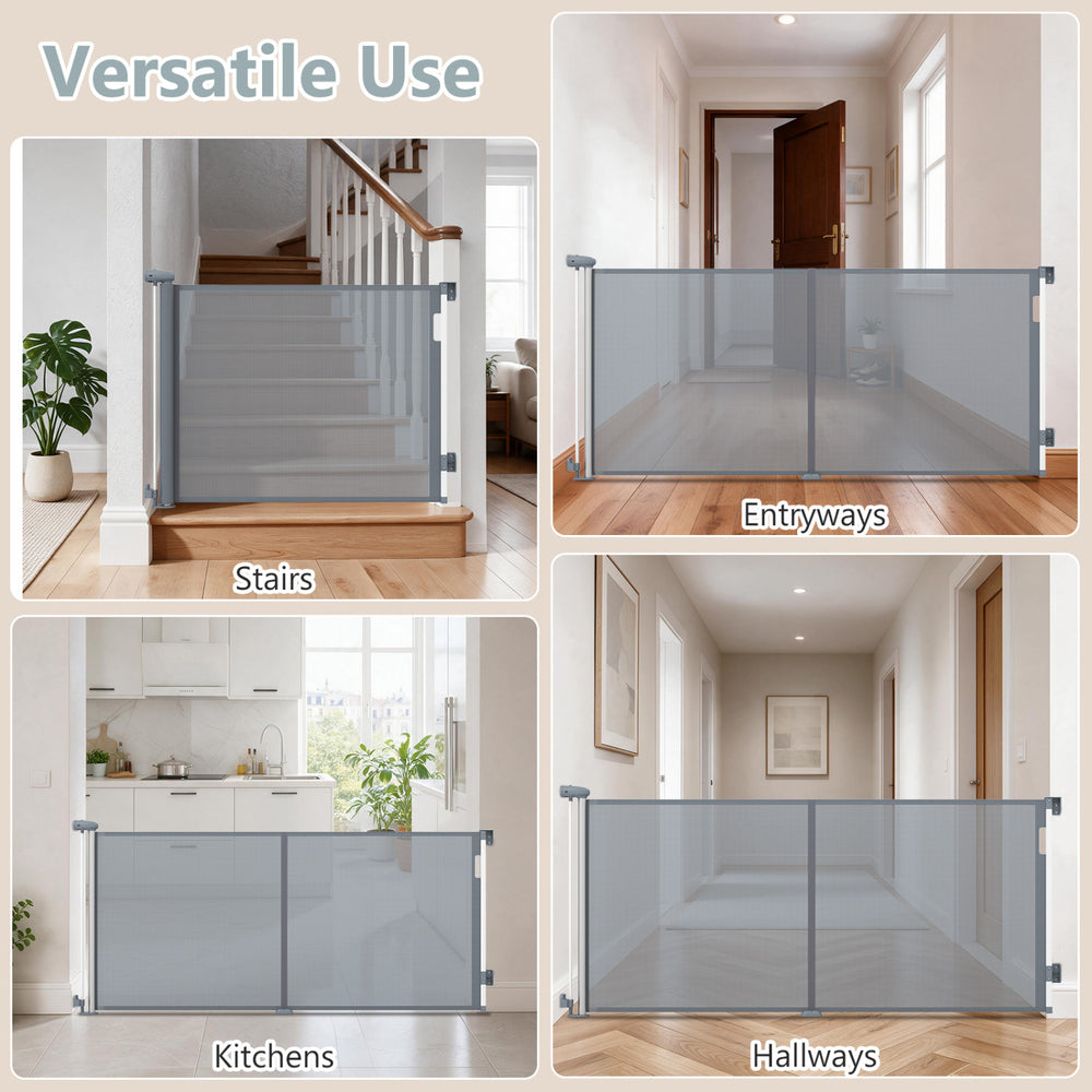 Retractable 71" baby and dog gate, 33.5" tall, hardware mounted for secure use in hallways and doorways.