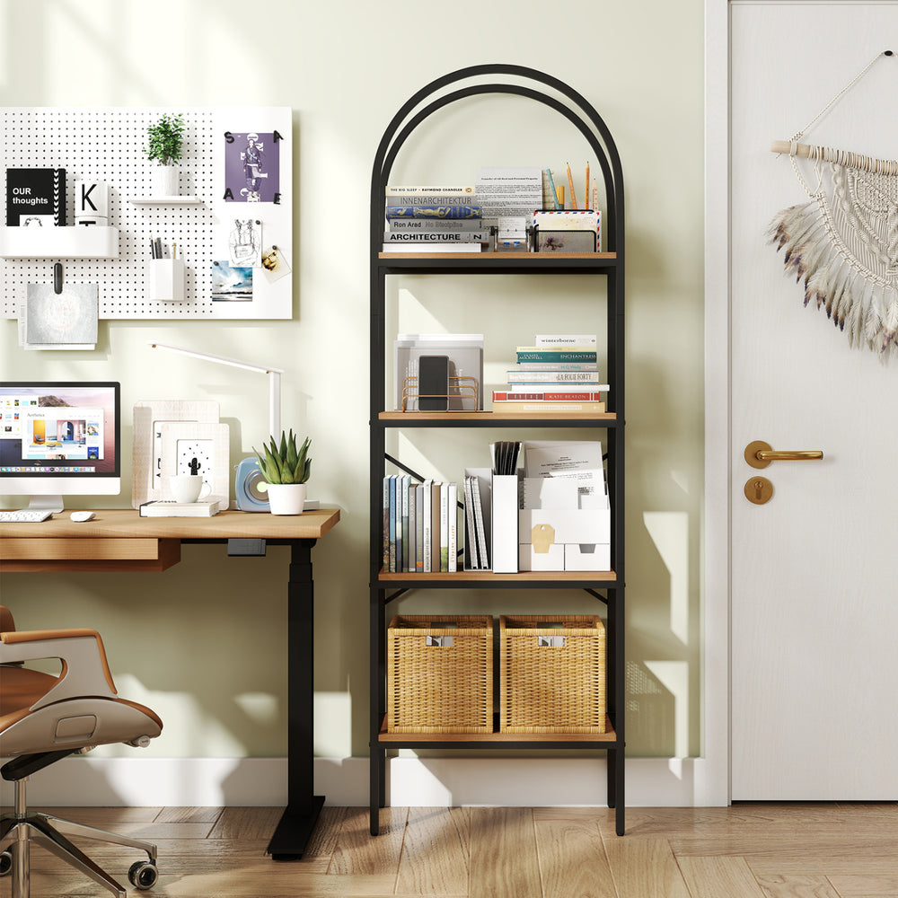 71" tall arched bookcase with a brown and black metal frame, featuring 4 tiers for stylish organization in home offices.