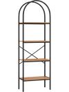 Tall arched bookcase with a black metal frame and brown shelves, ideal for organizing books and decor in any room.