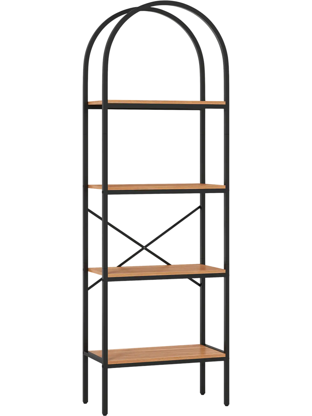 Tall arched bookcase with a black metal frame and brown shelves, ideal for organizing books and decor in any room.
