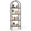 Four-tier arched bookcase in brown and black metal frame, perfect for organizing books and displaying decor in style.