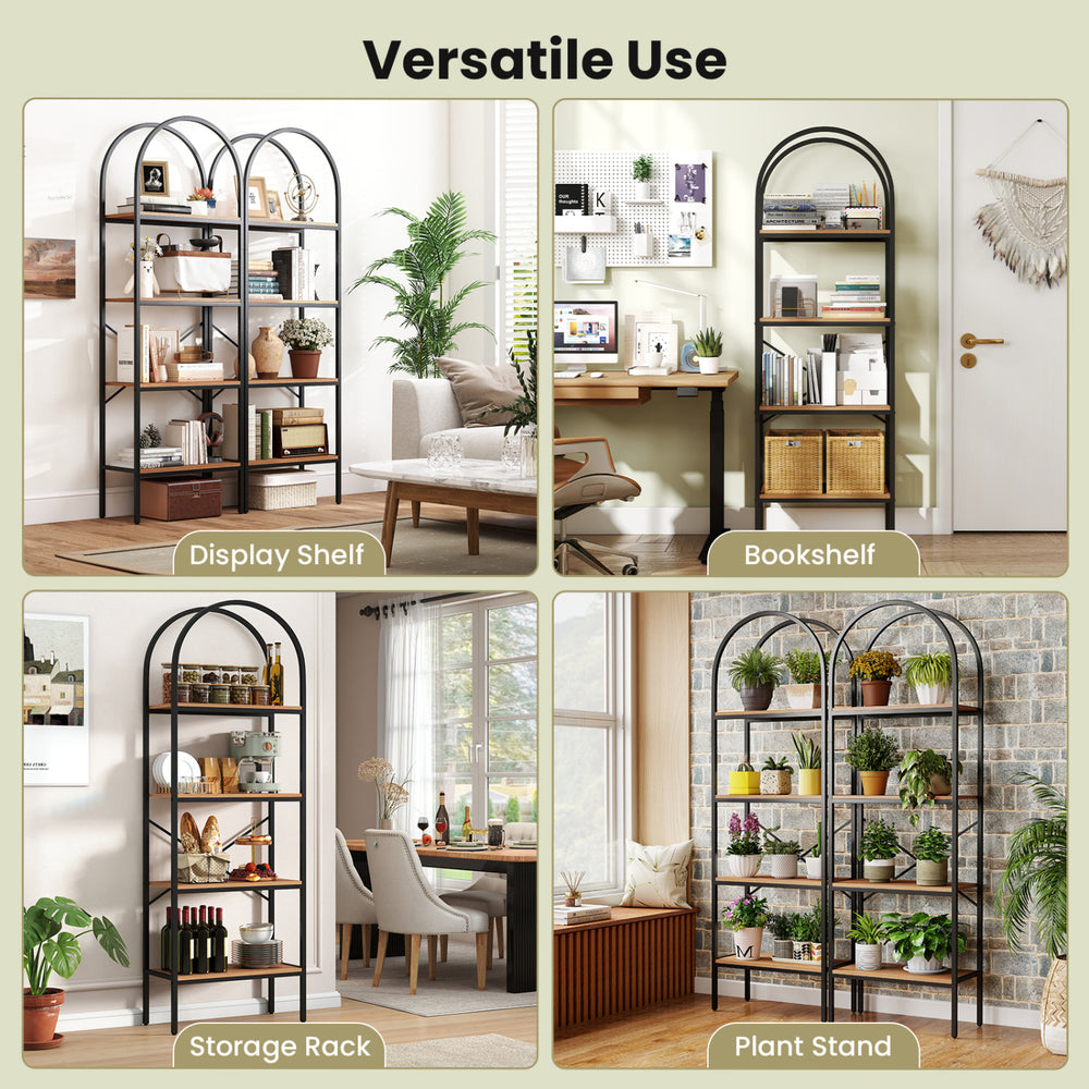 Four-tier arched bookcase with a metal frame in brown and black, perfect for organizing books and displaying decor.