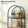 71" tall arched bookcase with a delicate arched top, featuring a brown and black metal frame for stylish home office storage.
