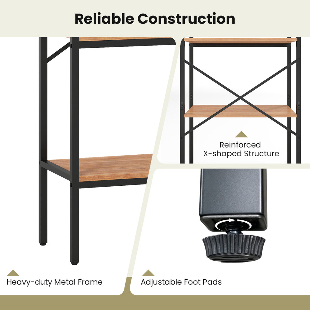 Four-tier brown and black bookcase with a heavy-duty metal frame and adjustable foot pads for home office organization.
