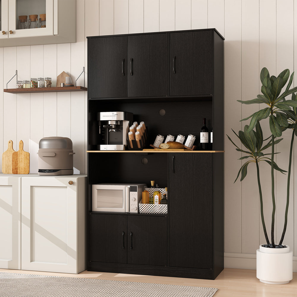Tall black kitchen pantry cabinet with charging station, multi-door design, and sturdy construction for convenient.