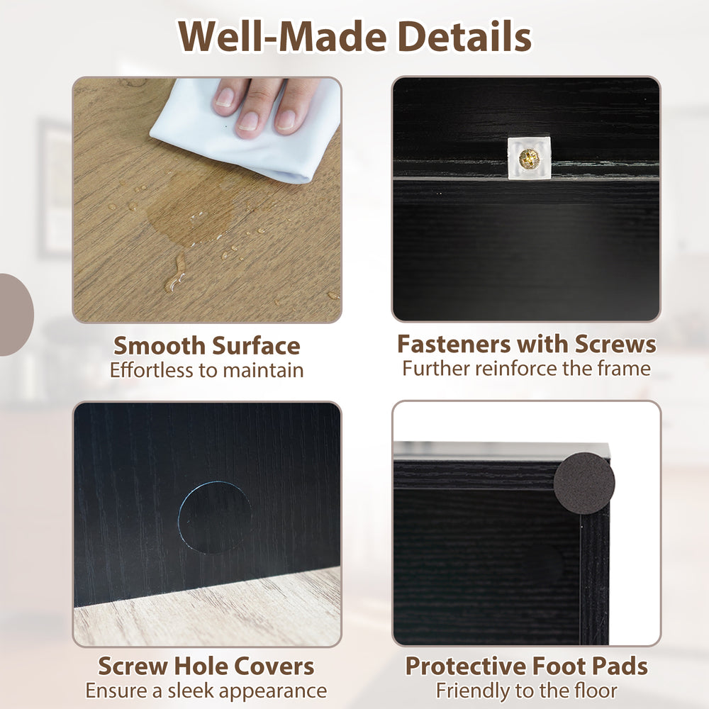 Close-up of the 71" tall black kitchen pantry cabinet's smooth surface and screw hole covers for easy maintenance.