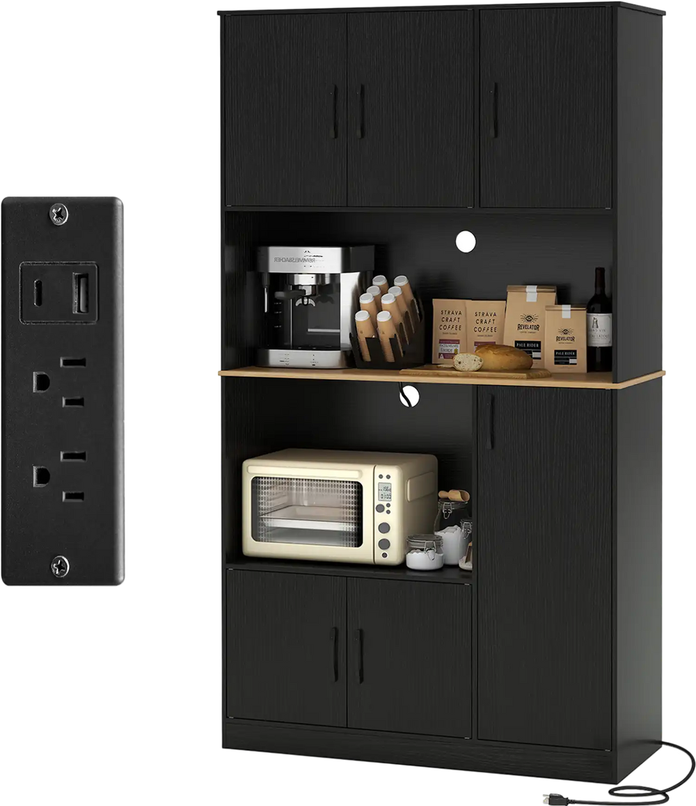 71" tall black kitchen pantry cabinet with built-in charging station, multi-door design, and sturdy construction for.