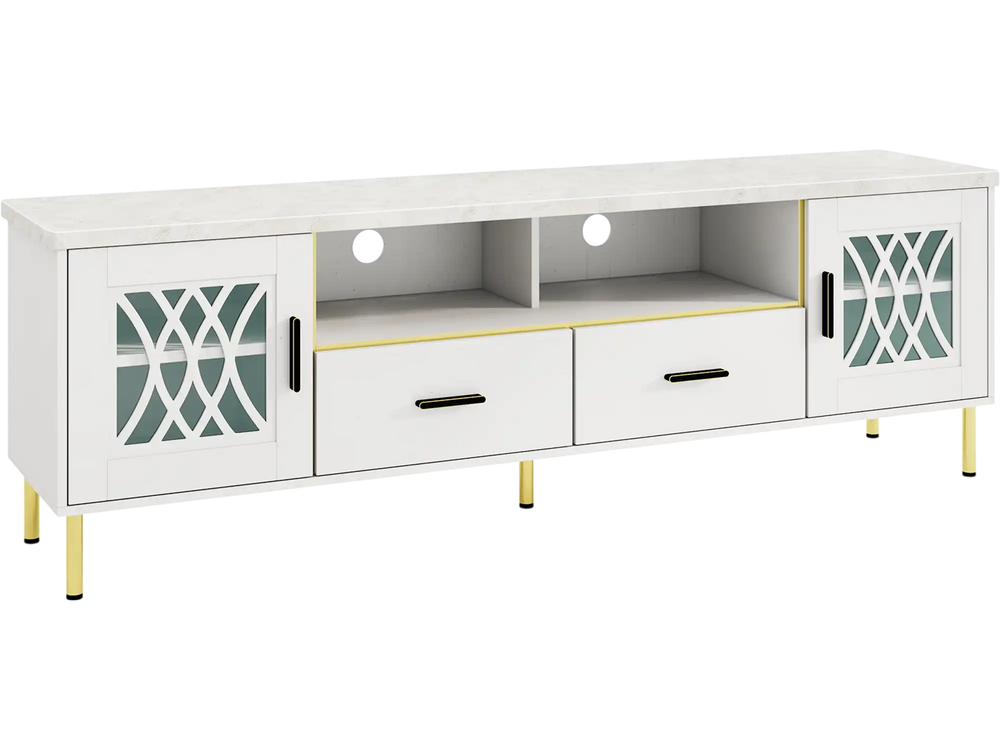 71-inch white TV stand with faux marble top, glass doors, and ample storage for up to 80-inch TVs, perfect for modern.