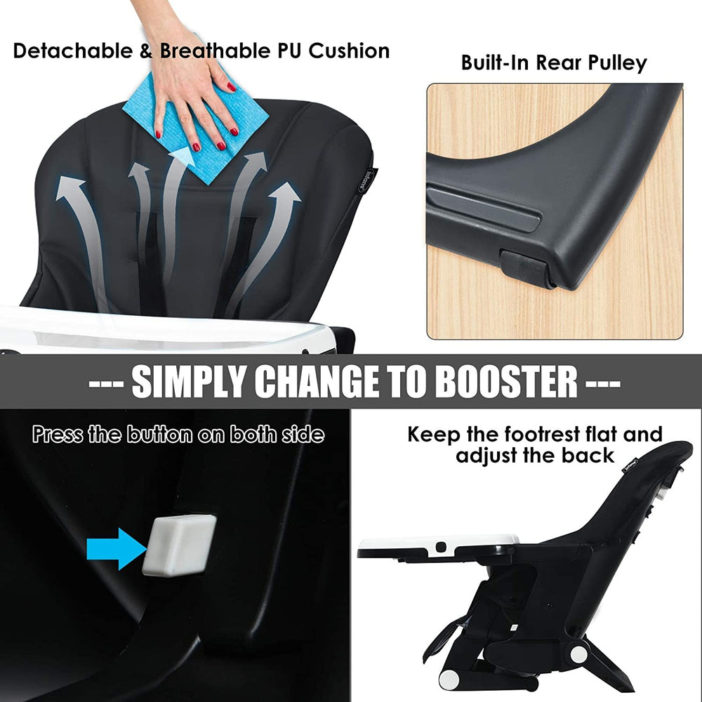 Adjustable black high chair with removable PU cushion, dual tray, and built-in rear pulley for easy height changes.