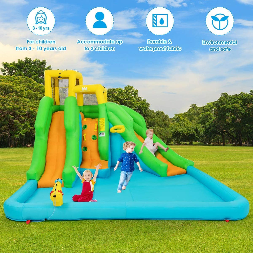 Inflatable water park bounce house with double slides, climbing wall, and splash pool for outdoor fun and exercise.