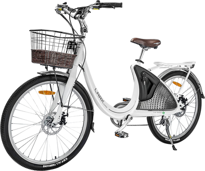 Ecotric Lark E-Bike 36V 10AH 500W 20 MPH City Bike For Women with Basket and Rear Rack White NS-LAK26LCD-W New