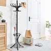 Wood standing coat rack in black with umbrella stand, featuring 6 large and 6 small hooks for stylish storage.