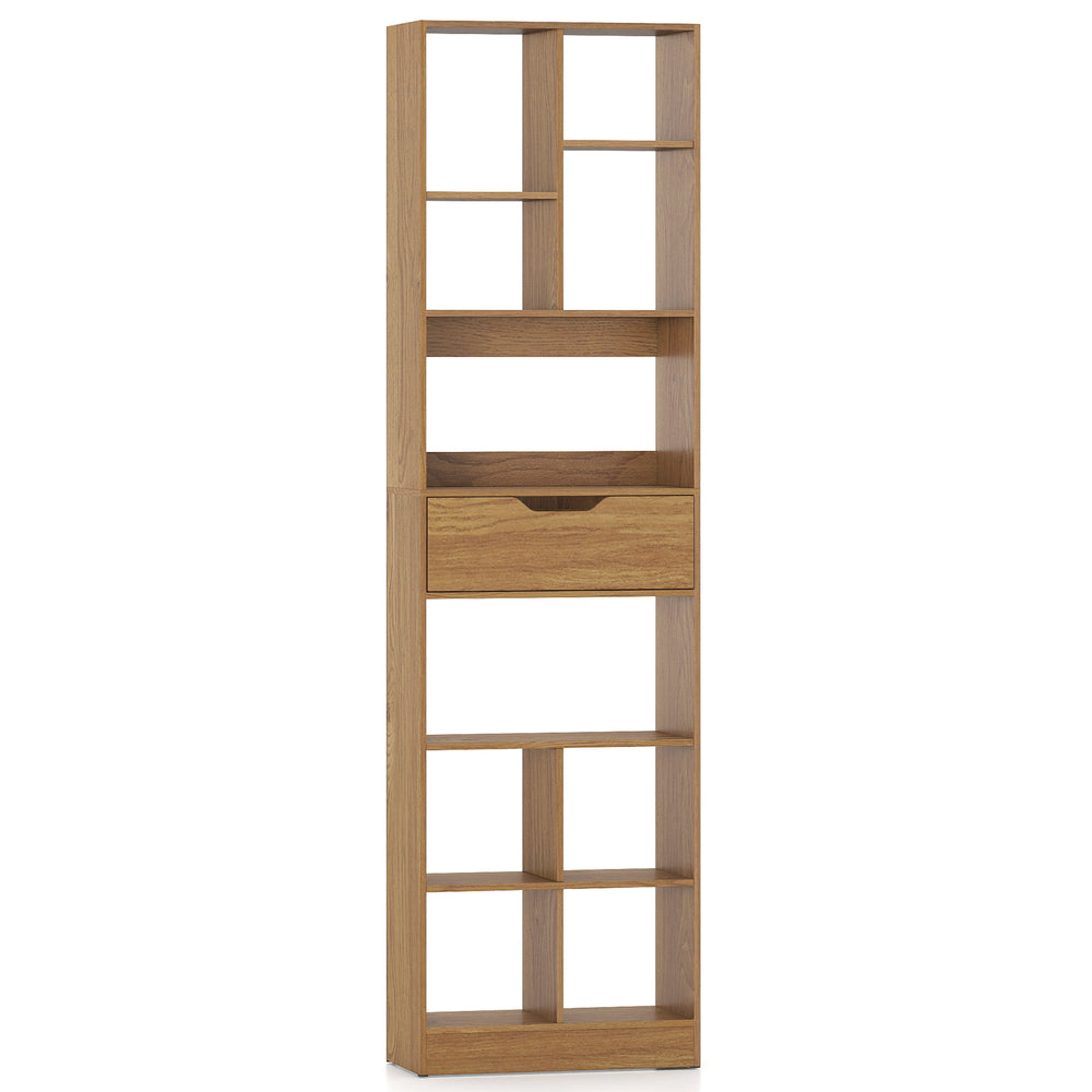 Tall freestanding bookcase with 10 open cubes and a drawer in natural finish, ideal for stylish storage solutions.