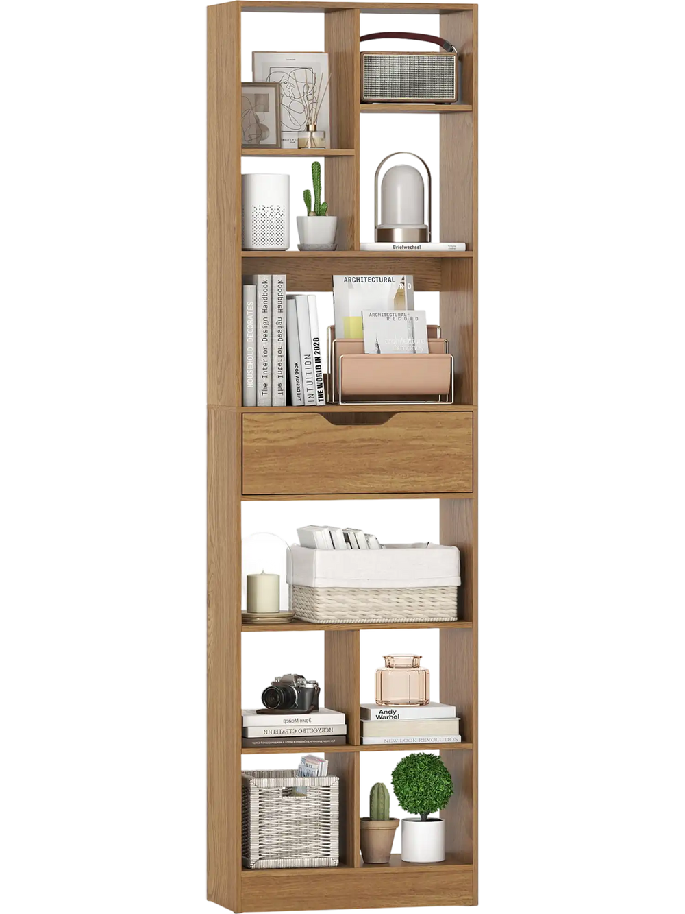 Tall freestanding bookcase with 10 open cubes and a drawer in natural finish, perfect for stylish storage solutions.