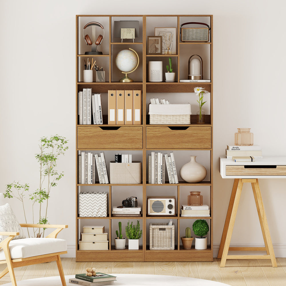 Freestanding 71-inch bookcase with a large drawer and 10 open cubes, showcasing a modern design for stylish.