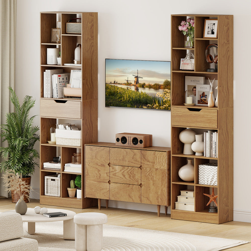 Freestanding bookcase with 10 open cubes and a large drawer in natural finish, enhancing modern decor in any room.