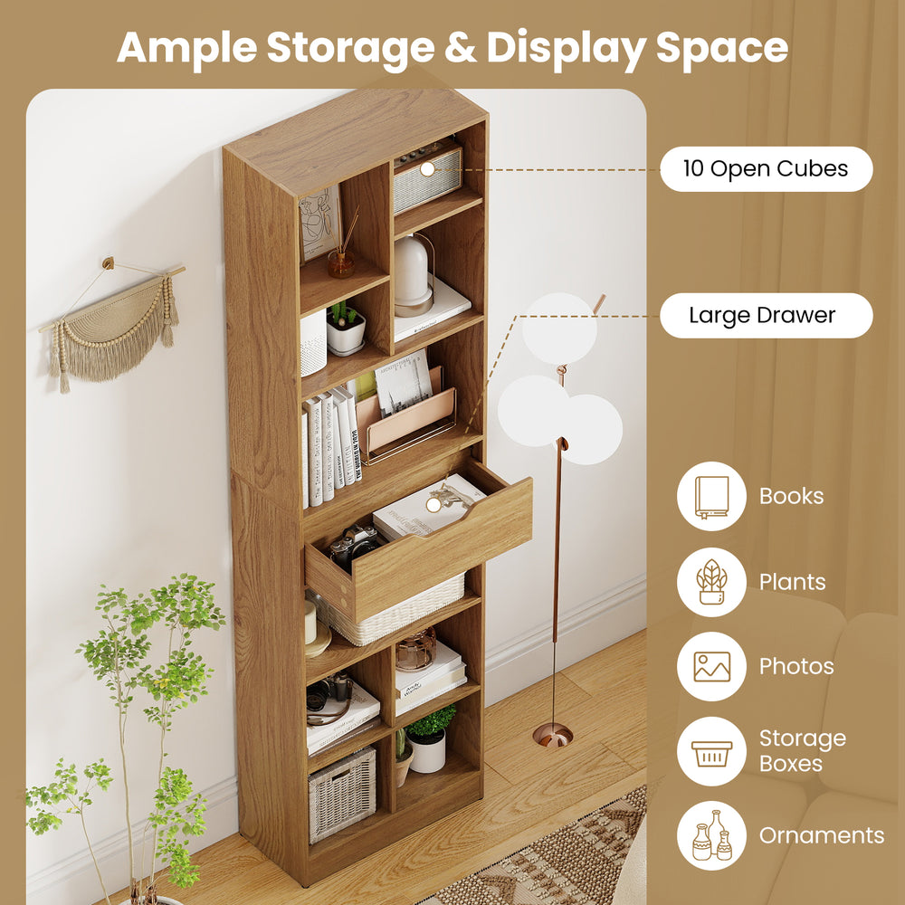 Freestanding 71-inch tall bookcase with 10 open cubes and large drawer for books, plants, and decorative items.