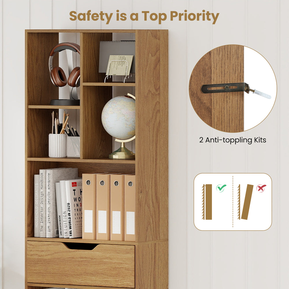 71-inch tall freestanding bookcase in natural finish with 10 open cubes and a large drawer, featuring anti-tipping.