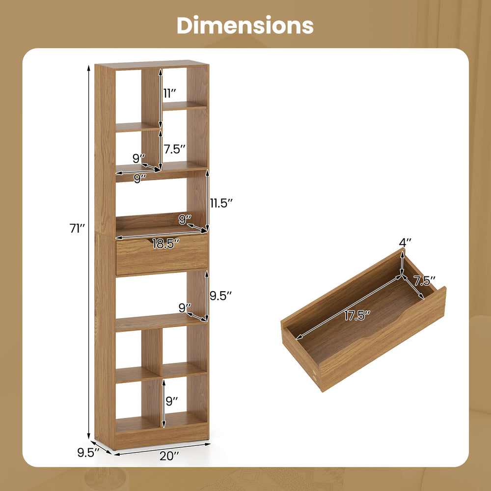 71-inch tall freestanding bookcase with 10 open cubes and a large drawer for organized storage in natural finish.