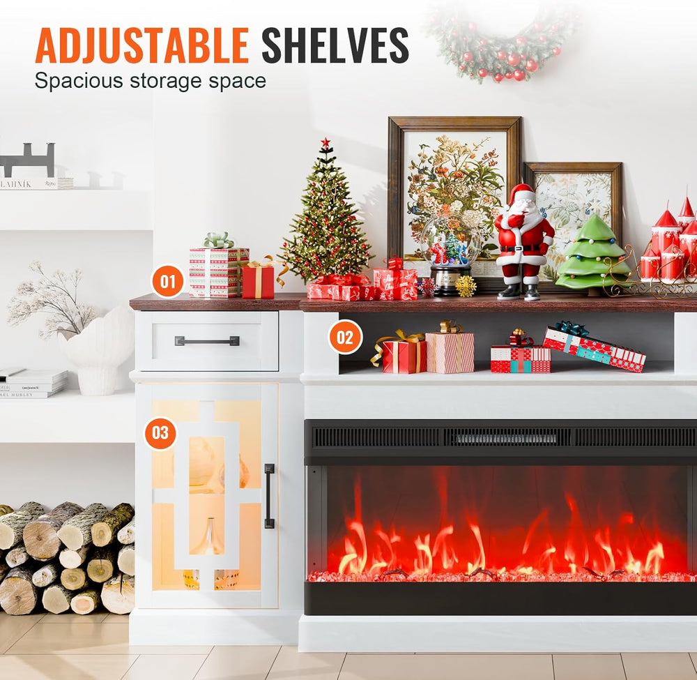 Vevor TV Stand 80" Cabinet with 36" Electric Fireplace and LED Lights Remote Control New