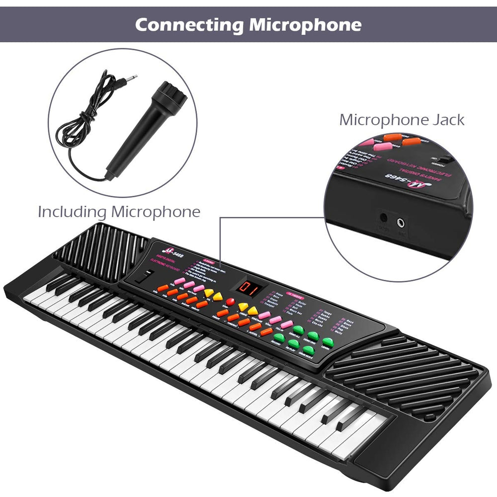 54-key kids electronic music piano with microphone jack, featuring recording functions and LED display for learning.