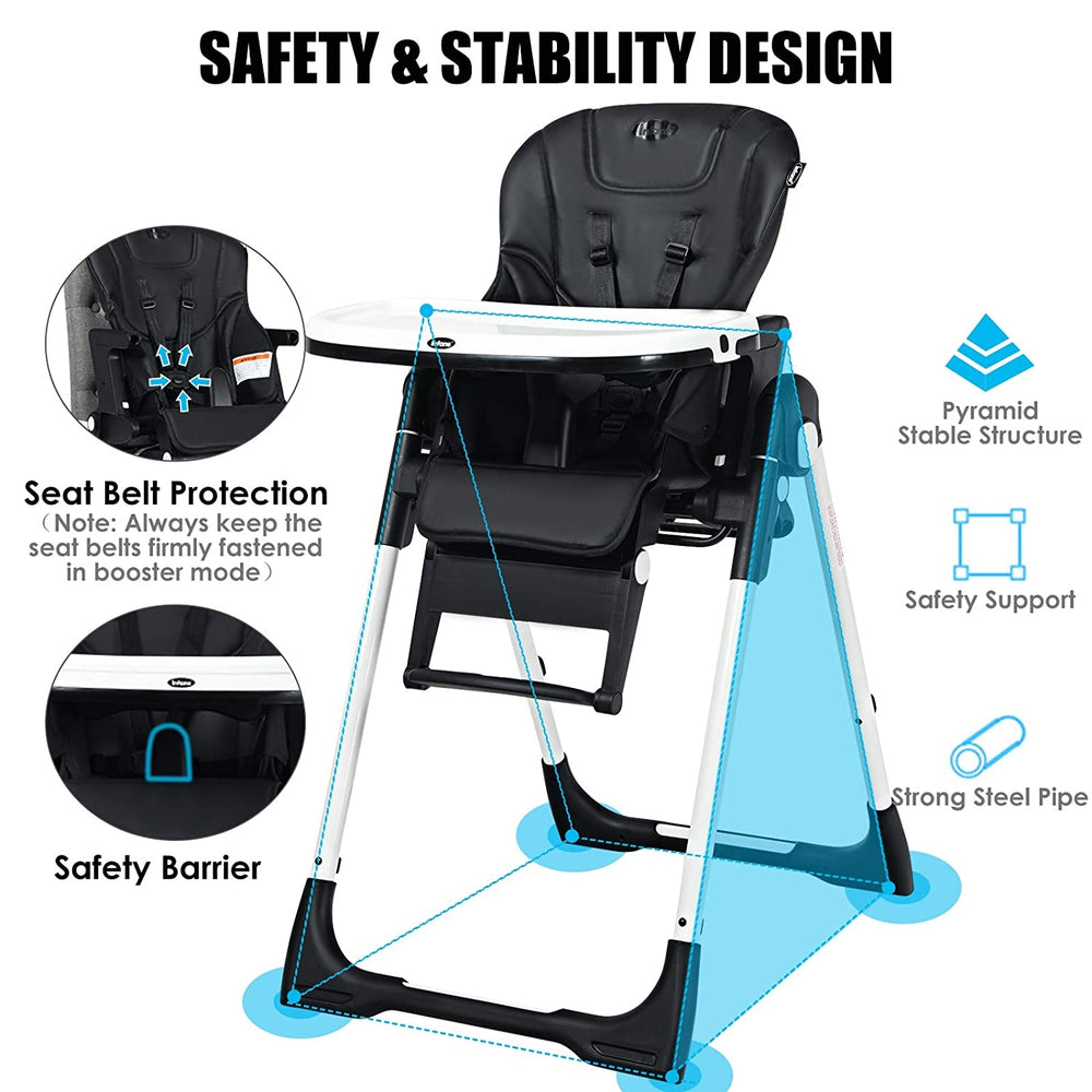 4-in-1 high chair in black with adjustable height, 5-position backrest, and safety features for baby comfort and.