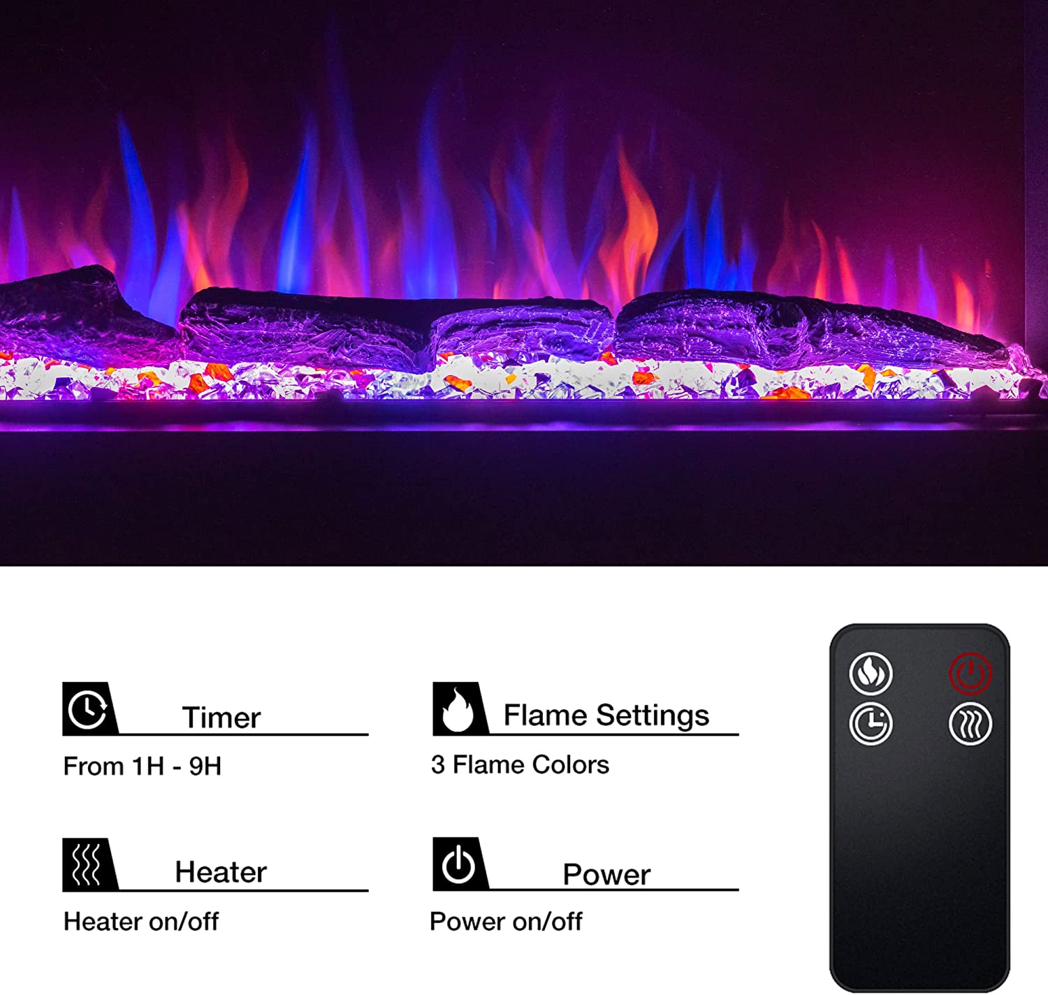 Valuxhome TS42 Electric Fireplace 42" 3-Sided Recessed and Wall Mounted 1500W with LED Lights Logs and Crystals Remote Black New