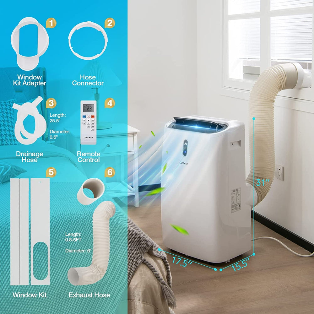 Portable 12000 BTU air conditioner with exhaust hose and window kit, ideal for cooling and humidifying spaces.