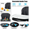Detachable double trays of the 4-in-1 high chair in black, ideal for feeding and playing, with adjustable height and.