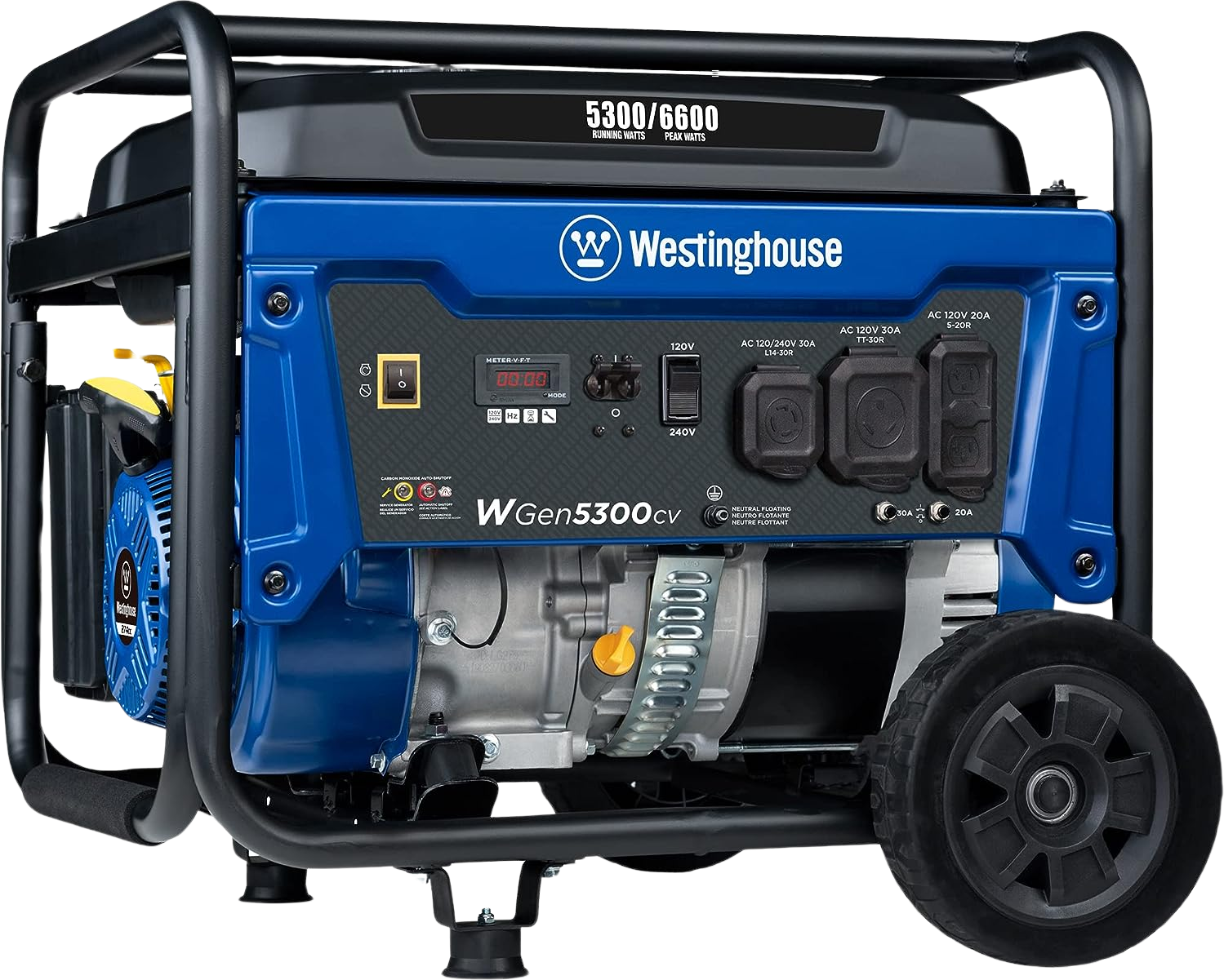 Westinghouse WGen5300cv Generator 5300W/6600W 30 Amp Recoil Start Gas with CO Sensor New