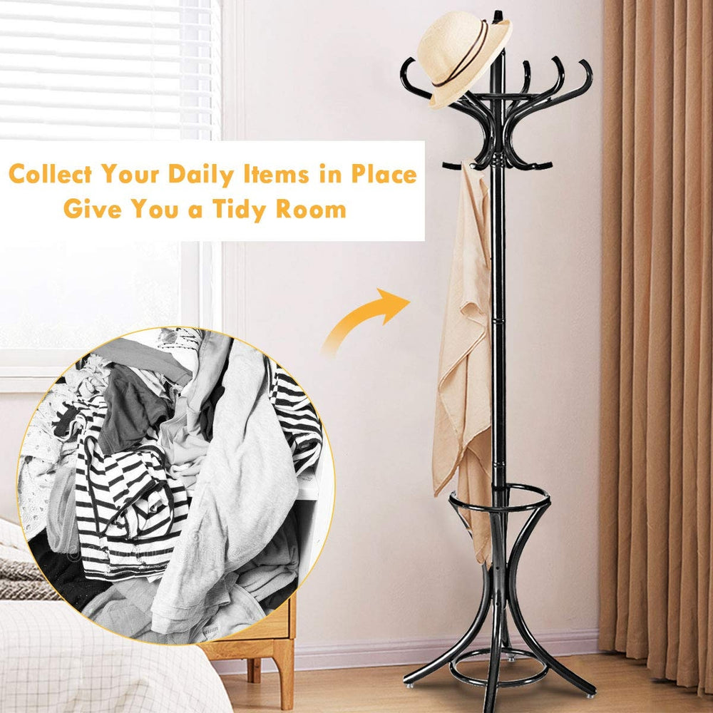 Wood standing coat rack with umbrella stand in black, featuring 12 hooks for organized storage in any room.