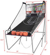 Foldable double electronic basketball game displaying dimensions with two hoops and four balls for competitive indoor.