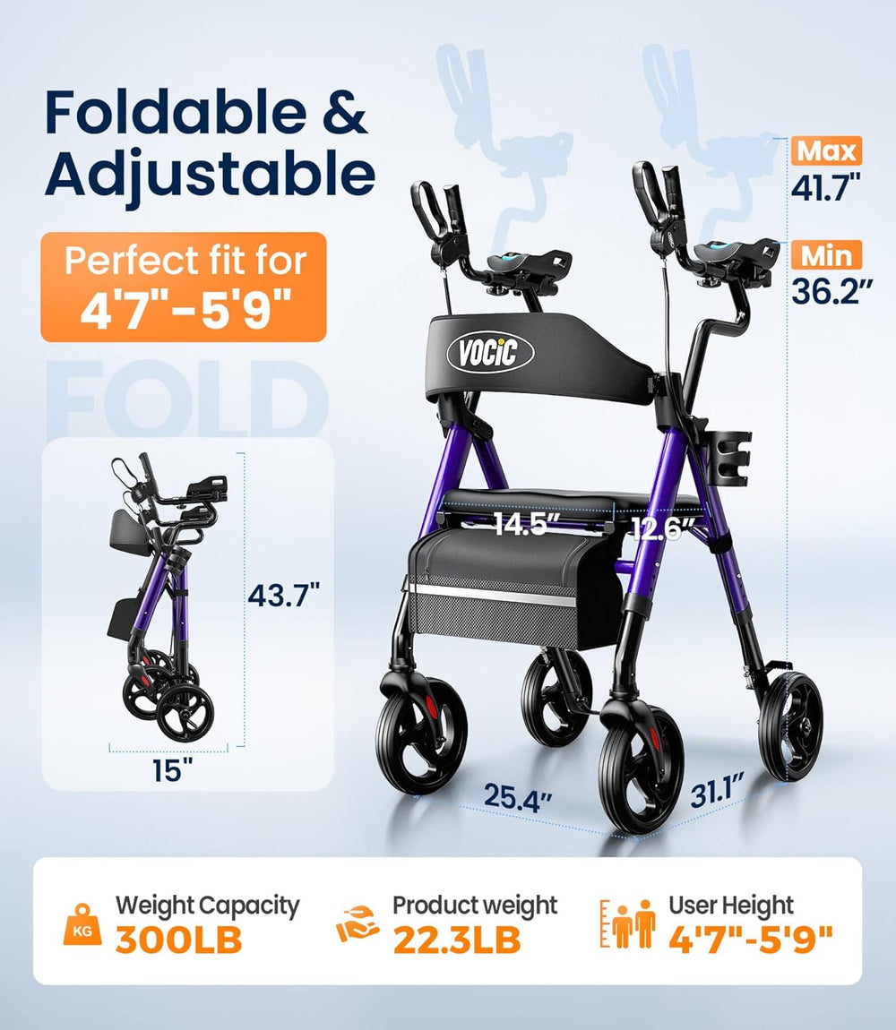 Vocic Z22 Upright Rollator Walker with GelCool Adjustable Armrests Foldable New