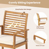 Outdoor patio dining chair with slatted backrest, acacia wood frame, and removable beige cushion for comfortable.