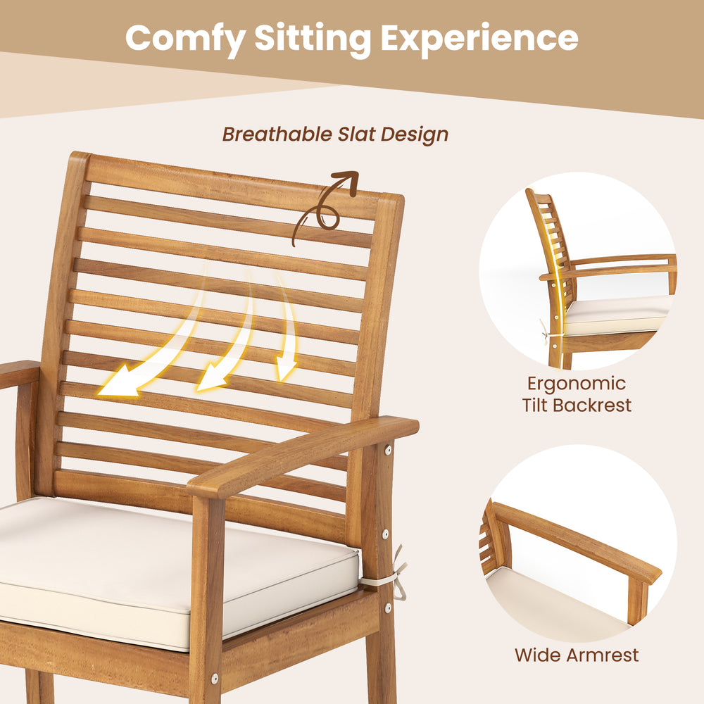 Outdoor patio dining chair with slatted backrest, acacia wood frame, and removable beige cushion for comfortable.