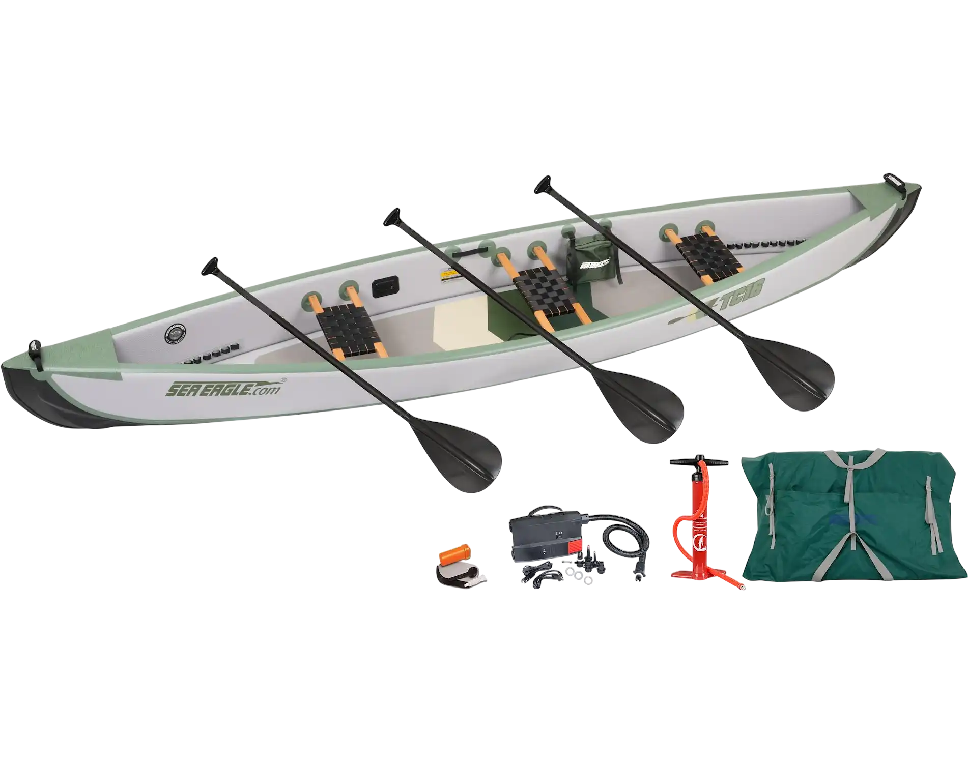 Sea Eagle TC16K_EP3W Inflatable Travel Canoe Wood/Web Seats Electric Pump for 3 Package New