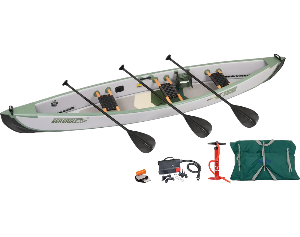 Sea Eagle TC16K_EP3W Inflatable Travel Canoe Wood/Web Seats Electric Pump for 3 Package New