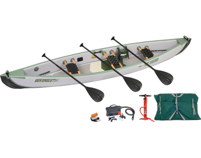 Sea Eagle TC16K_EP3W Inflatable Travel Canoe Wood/Web Seats Electric Pump for 3 Package New