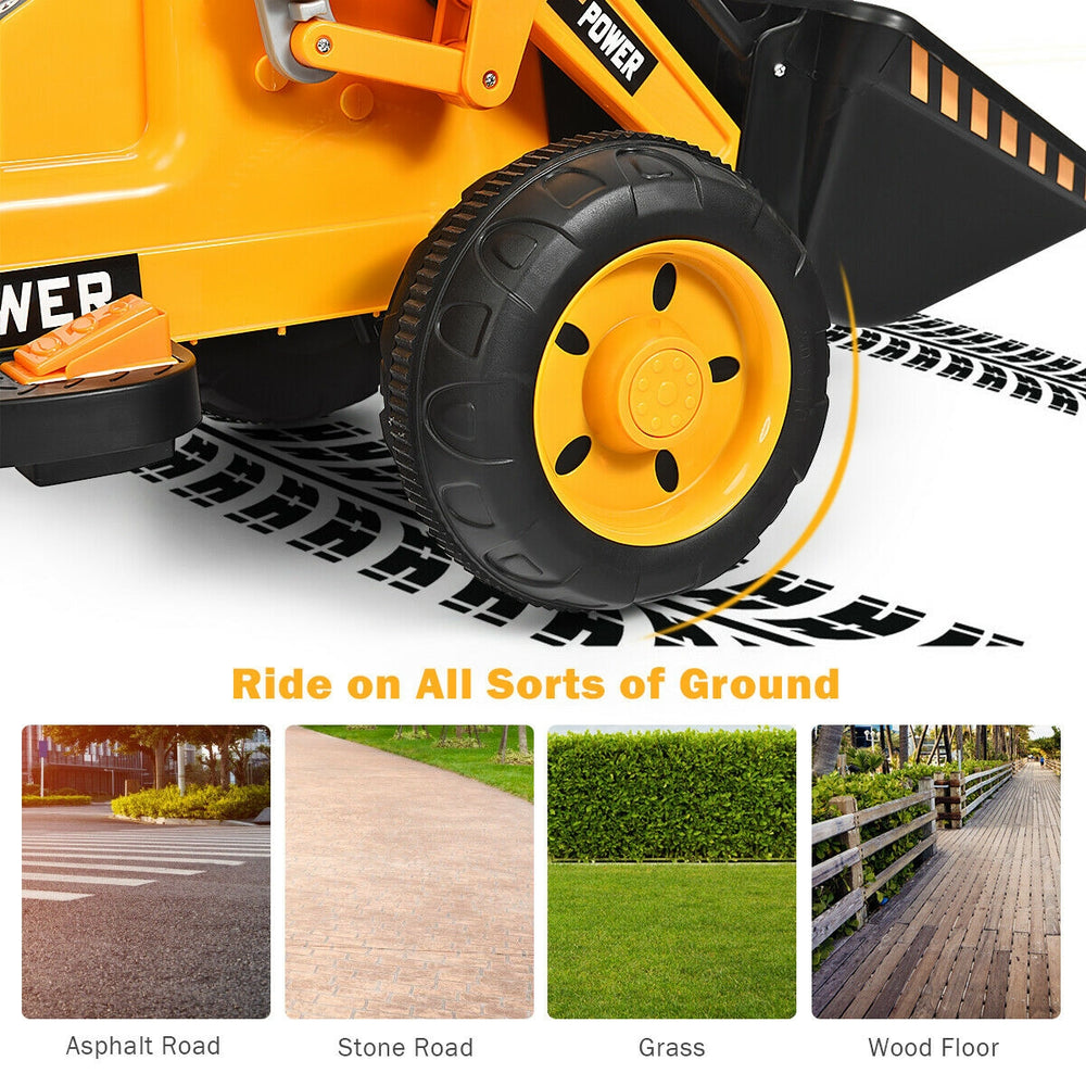 Kids ride-on excavator digger with large wheels, designed for all terrains like grass, asphalt, and brick roads.