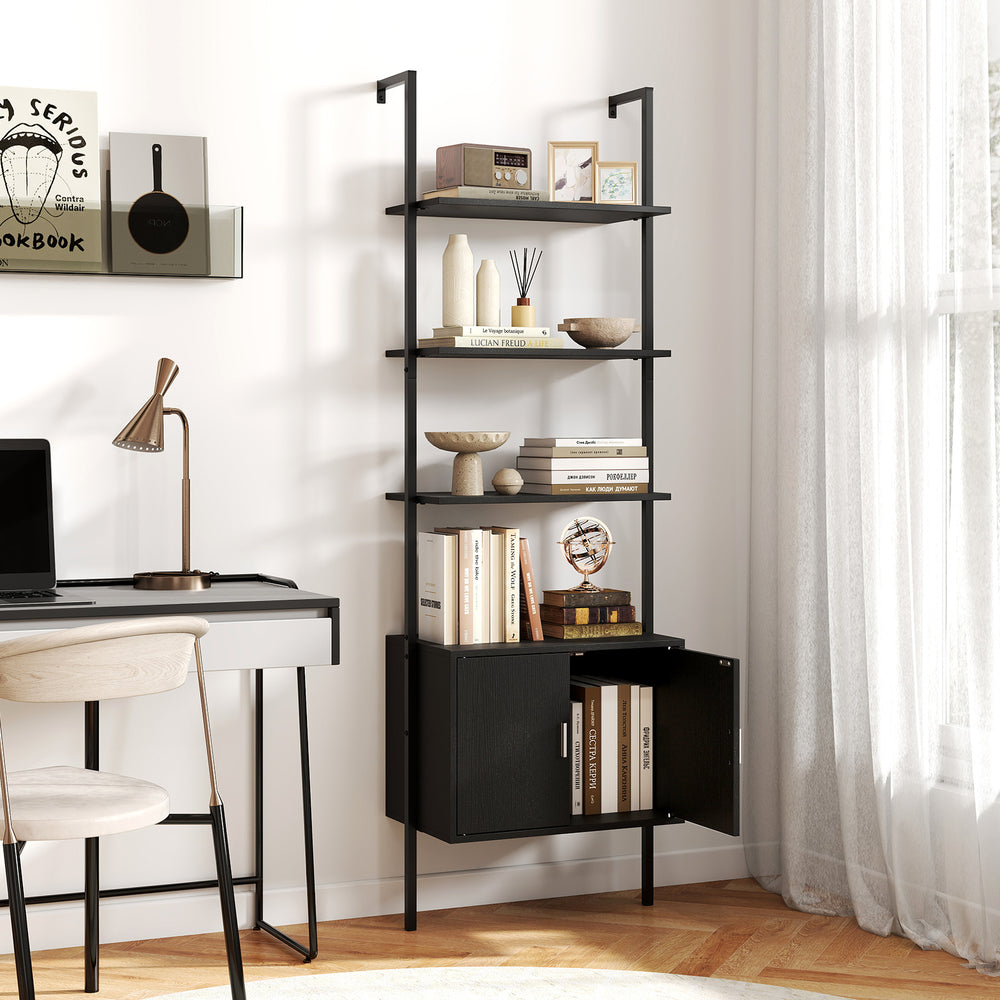 Five-tier black bookshelf with metal frame and enclosed cabinet, ideal for living room or office storage.