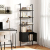 Five-tier black bookshelf with metal frame and enclosed cabinet, ideal for living room or office storage.