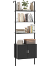 Tall black bookshelf with metal frame, featuring open shelves and a cabinet for ample storage in any room.