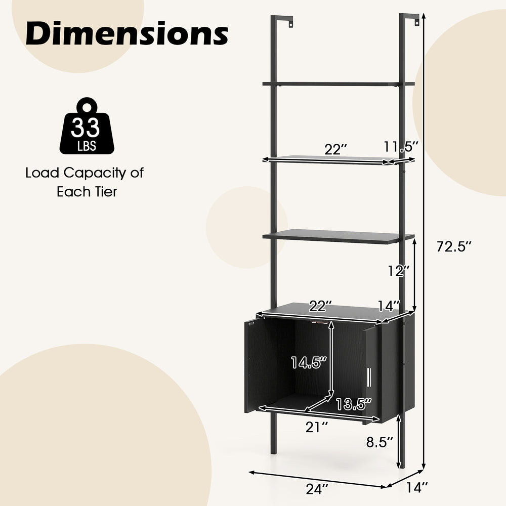 Dimensions of the 72.5-inch tall black bookshelf with cabinet, showcasing 5 tiers and a load capacity of 33 lbs.
