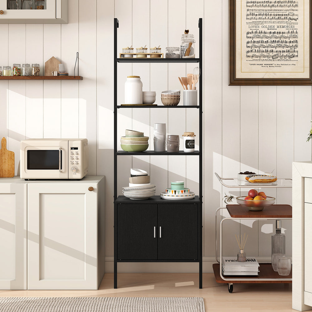 Five-tier black bookshelf with cabinet, metal frame, and anti-tipping kits, ideal for living room or office storage.