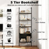 Five-tier black bookshelf with open shelves and enclosed cabinet, ideal for living room or office storage.
