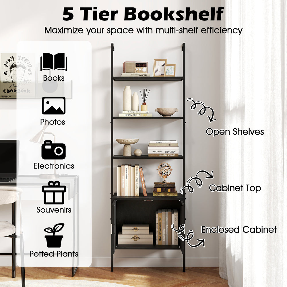 Five-tier black bookshelf with open shelves and enclosed cabinet, ideal for living room or office storage.